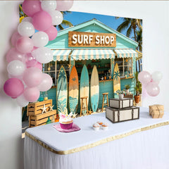 Lofaris Beach Surf Shop Photography Backdrop with Palm Trees and Surfboards, Tropical Summer Background for Photo Booth Props