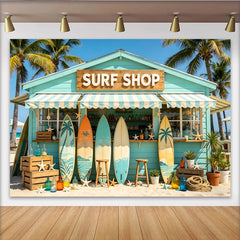 Lofaris Beach Surf Shop Photography Backdrop with Palm Trees and Surfboards, Tropical Summer Background for Photo Booth Props