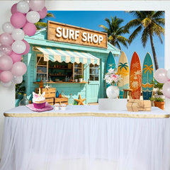 Lofaris Vibrant Surf Shop Photography Backdrop with Colorful Surfboards and Palm Trees, Summer Beach Vacation Background for Photoshoot