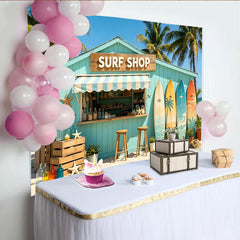 Lofaris Vibrant Beach Surf Shop Photography Backdrop with Palm Trees and Ocean, Colorful Surfboards and Starfish Summer Photo Booth Background