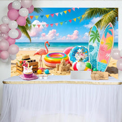 Lofaris Colorful Summer Beach Photography Backdrop with Flamingo and Surfboards, Tropical Party Background for Vacation Photoshoot