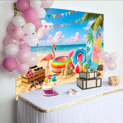 Lofaris Colorful Summer Beach Photography Backdrop with Flamingo and Surfboards, Tropical Party Background for Vacation Photoshoot