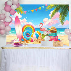 Lofaris Vibrant Summer Beach Photography Backdrop Palm Trees and Flamingo, Cartoon Ocean Party Background for Kids Photoshoot