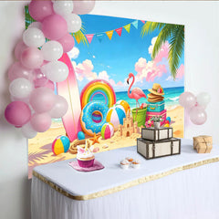 Lofaris Vibrant Summer Beach Photography Backdrop Palm Trees and Flamingo, Cartoon Ocean Party Background for Kids Photoshoot