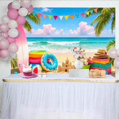 Lofaris Summer Beach Photography Backdrop Vibrant Palm Trees and Ocean Waves, Tropical Party Background for Vacation Photoshoot