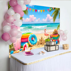Lofaris Summer Beach Photography Backdrop Vibrant Palm Trees and Ocean Waves, Tropical Party Background for Vacation Photoshoot