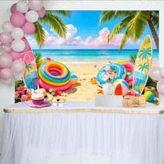 Lofaris Vibrant Summer Beach Photography Backdrop with Palm Trees and Surfboards, Tropical Party Decor for Vacation Photoshoot