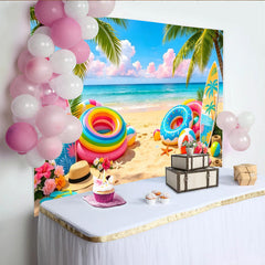 Lofaris Vibrant Summer Beach Photography Backdrop with Palm Trees and Surfboards, Tropical Party Decor for Vacation Photoshoot