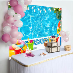 Lofaris Blue Summer Pool Party Photography Backdrop with Tropical Leaves and String Lights, Vibrant Photo Background for Vacation Decor
