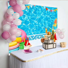 Lofaris Vibrant Blue Pool Summer Photography Backdrop with Colorful Pennants, Tropical Vacation Background for Party Decor