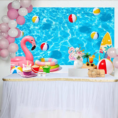 Lofaris Vibrant Blue Summer Pool Photography Backdrop with Flamingo and Beach Balls, Tropical Vacation Background for Photoshoot
