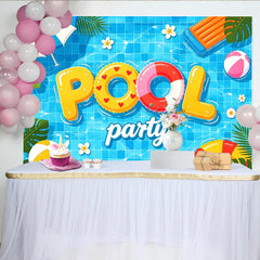 Lofaris Vibrant Pool Party Photography Backdrop with Floating Letters and Beach Balls, Summer Celebration Background for Photoshoot