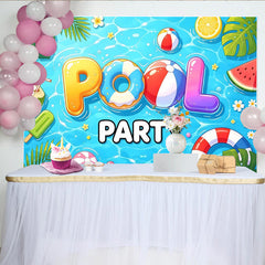 Lofaris Vibrant Blue Pool Party Birthday Backdrop with Inflatable Letters and Summer Fruits, Fun Photography Background for Kids and Adults