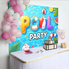 Lofaris Vibrant Blue Pool Party Birthday Backdrop with Inflatable Letters and Summer Fruits, Fun Photography Background for Kids and Adults