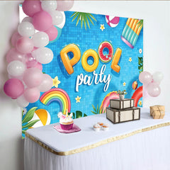 Lofaris Vibrant Pool Party Photography Backdrop with Blue Water and Tropical Leaves, Colorful Floats and Beach Balls for Summer Decor