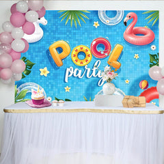 Lofaris Blue Pool Party Backdrop with Unicorn and Flamingo Floats, Fun Summer Background for Celebration Photoshoot