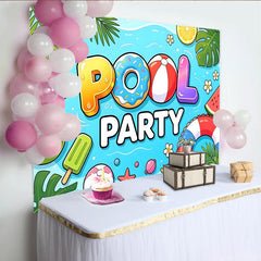 Lofaris Vibrant Pool Party Backdrop with Summer Elements and Fun Text, Lively Photography Background for Celebration Decor
