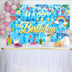 Lofaris Summer Pool Party Birthday Backdrop with Rainbow and Flamingo, Vibrant Swimming Pool Background for Kids Summer Celebration