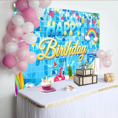 Lofaris Summer Pool Party Birthday Backdrop with Rainbow and Flamingo, Vibrant Swimming Pool Background for Kids Summer Celebration