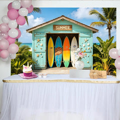 Lofaris Vibrant Summer Beach Photography Backdrop with Surfboards and Palm Trees, Tropical Vacation Photo Booth Prop for Studio Photoshoot