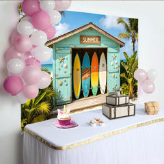 Lofaris Vibrant Summer Beach Photography Backdrop with Surfboards and Palm Trees, Tropical Vacation Photo Booth Prop for Studio Photoshoot