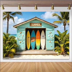 Lofaris Vibrant Summer Beach Photography Backdrop with Surfboards and Palm Trees, Tropical Vacation Photo Booth Prop for Studio Photoshoot