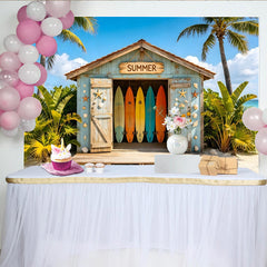 Lofaris Vibrant Summer Beach Hut Backdrop with Colorful Surfboards and Palm Trees, Tropical Photography Background for Vacation Party