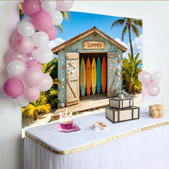 Lofaris Vibrant Summer Beach Hut Backdrop with Colorful Surfboards and Palm Trees, Tropical Photography Background for Vacation Party
