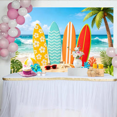 Lofaris Vibrant Summer Beach Photography Backdrop with Colorful Surfboards, Tropical Ocean Scene Background for Holiday Photos and Decor