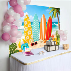 Lofaris Vibrant Summer Beach Photography Backdrop with Colorful Surfboards, Tropical Ocean Scene Background for Holiday Photos and Decor