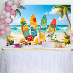 Lofaris Colorful Surfboard Beach Photography Backdrop with Palm Trees, Tropical Summer Background for Party Decor