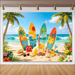 Lofaris Colorful Surfboard Beach Photography Backdrop with Palm Trees, Tropical Summer Background for Party Decor