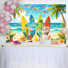 Lofaris Vibrant Summer Beach Photography Backdrop with Surfboards, Tropical Ocean Background for Party Decor and Photoshoots