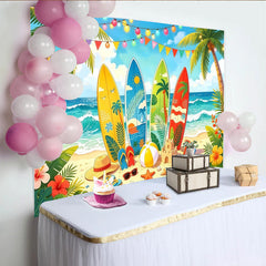 Lofaris Vibrant Summer Beach Photography Backdrop with Surfboards, Tropical Ocean Background for Party Decor and Photoshoots