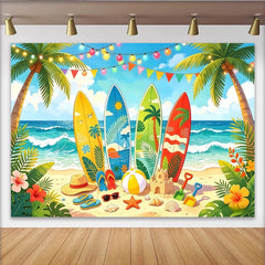 Lofaris Vibrant Summer Beach Photography Backdrop with Surfboards, Tropical Ocean Background for Party Decor and Photoshoots