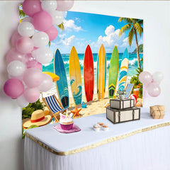 Lofaris Colorful Surfboard Summer Beach Photography Backdrop with Palm Trees and Ocean Waves, Tropical Vacation Studio Photoshoot