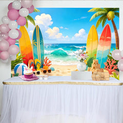 Lofaris Vibrant Summer Beach Photography Backdrop with Surfboards and Palm Trees, Tropical Ocean Wave Background for Vacation Photoshoot