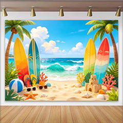 Lofaris Vibrant Summer Beach Photography Backdrop with Surfboards and Palm Trees, Tropical Ocean Wave Background for Vacation Photoshoot