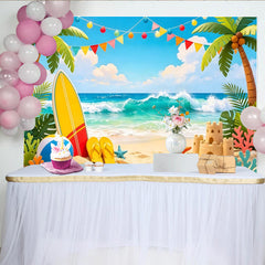 Lofaris Summer Beach Photography Backdrop with Ocean Waves and Palm Trees, Tropical Party Background for Photoshoot Decor