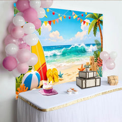 Lofaris Summer Beach Photography Backdrop with Ocean Waves and Palm Trees, Tropical Party Background for Photoshoot Decor