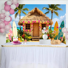Lofaris Tropical Beach Photography Backdrop with Hawaiian Hut, Surfboards and Palm Trees, Summer Vacation Party Decor for Photoshoot