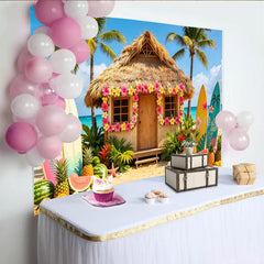 Lofaris Tropical Beach Photography Backdrop with Hawaiian Hut, Surfboards and Palm Trees, Summer Vacation Party Decor for Photoshoot