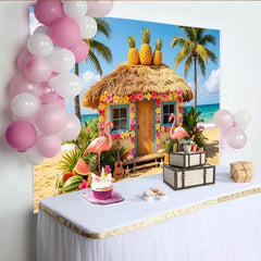 Lofaris Vibrant Tropical Summer Backdrop with Thatched Hut, Flamingos, Lush Hawaiian Beach Scene Background for Photoshoots