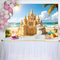 Lofaris Sunny Sandcastle Beach Photography Backdrop with Ocean Waves, Vibrant Summer Photo Background for Vacation and Kids Play
