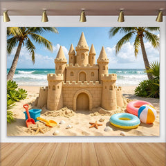 Lofaris Tropical Beach Sandcastle Photography Backdrop with Palm Trees and Ocean Waves, Summer Vacation Background for Kids Party Photo Booth
