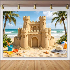 Lofaris Beach Sandcastle Photography Backdrop with Ocean and Palm Trees, Summer Seaside Photo Background for Vacation or Studio Shoots