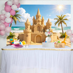 Lofaris Sunny Beach Sandcastle Photography Backdrop with Palm Trees and Ocean, Summer Vacation Background for Kids Photoshoot