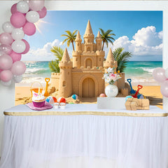 Lofaris Sunny Beach Sandcastle Photography Backdrop for Summer Vacation, Vibrant Beach Balls and Photo Studio Background Decor