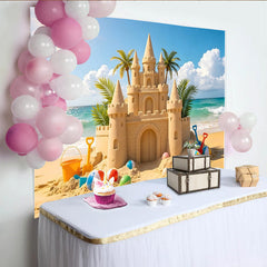 Lofaris Sunny Beach Sandcastle Photography Backdrop for Summer Vacation, Vibrant Beach Balls and Photo Studio Background Decor