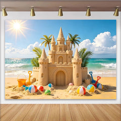 Lofaris Sunny Beach Sandcastle Photography Backdrop for Summer Vacation, Vibrant Beach Balls and Photo Studio Background Decor